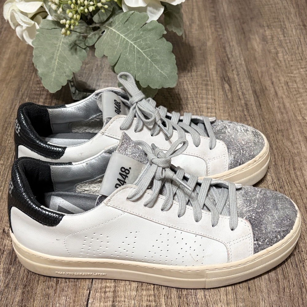 P448 White Jack Leather Sneakers Silver Glitter Toe Size 39 (8.5–9) - Picture 4 of 13